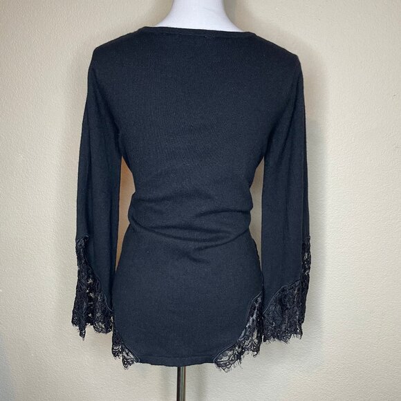 Soft Surroundings Black Lace Trim V-Neck Wool Blend Bell Sleeve Sweater Tunic S - Picture 5 of 13